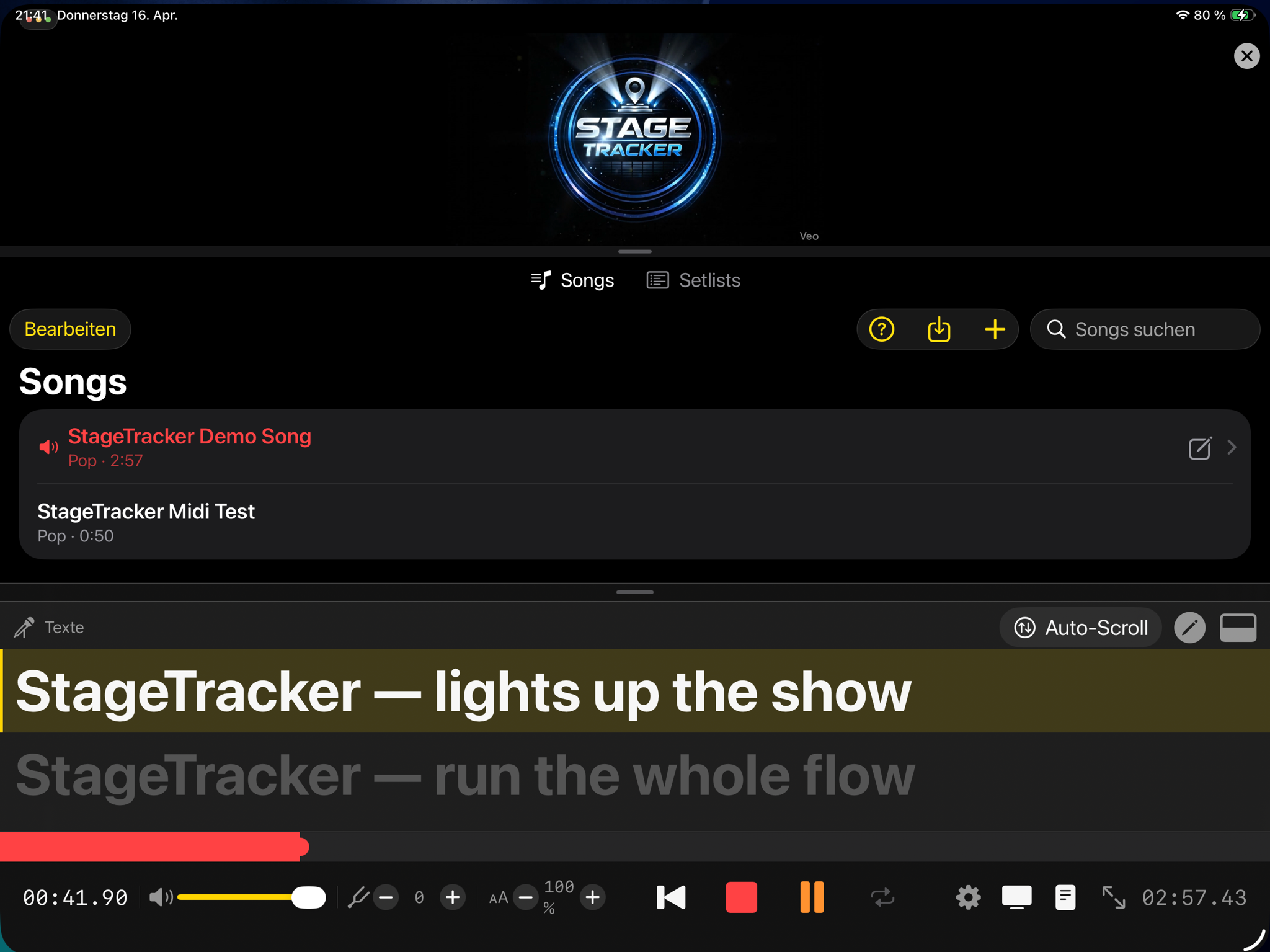StageTracker Mobile auf dem iPad — Songs und Lyrics