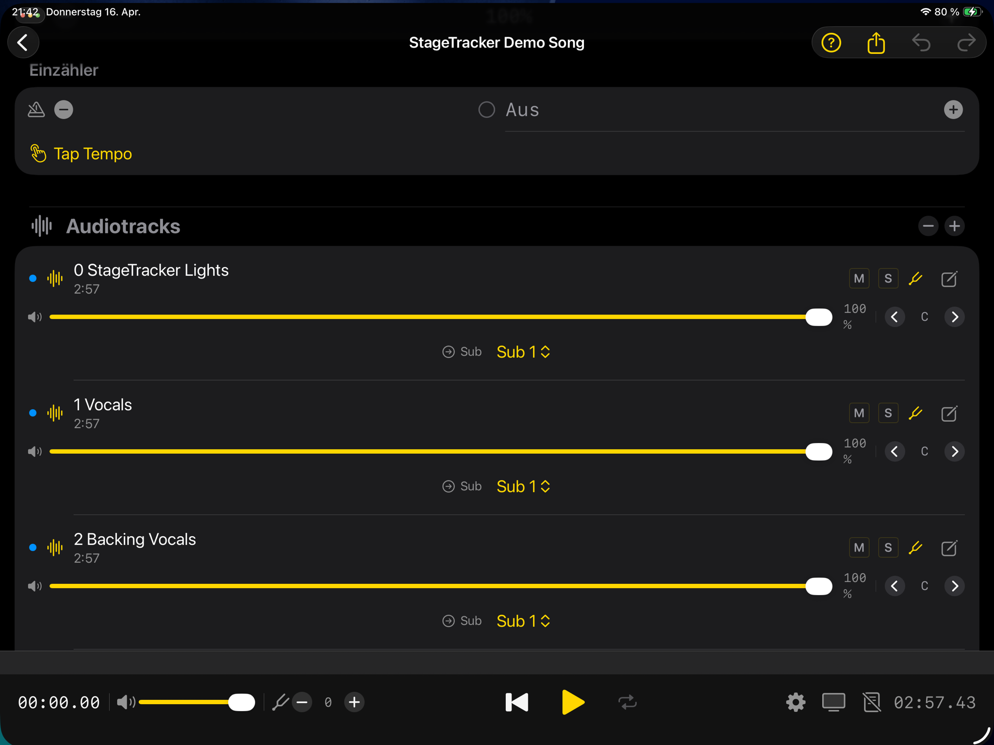 StageTracker Mobile — Audiotracks mit Subgruppen